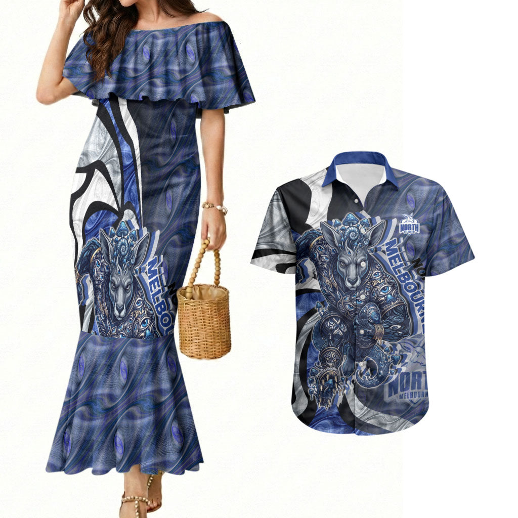 Personalised North Melbourne Kangaroos Couples Matching Mermaid Dress and Hawaiian Shirt Trippy Psychedelic Abstract Art Mascot Football Fans