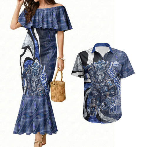 Personalised North Melbourne Kangaroos Couples Matching Mermaid Dress and Hawaiian Shirt Trippy Psychedelic Abstract Art Mascot Football Fans