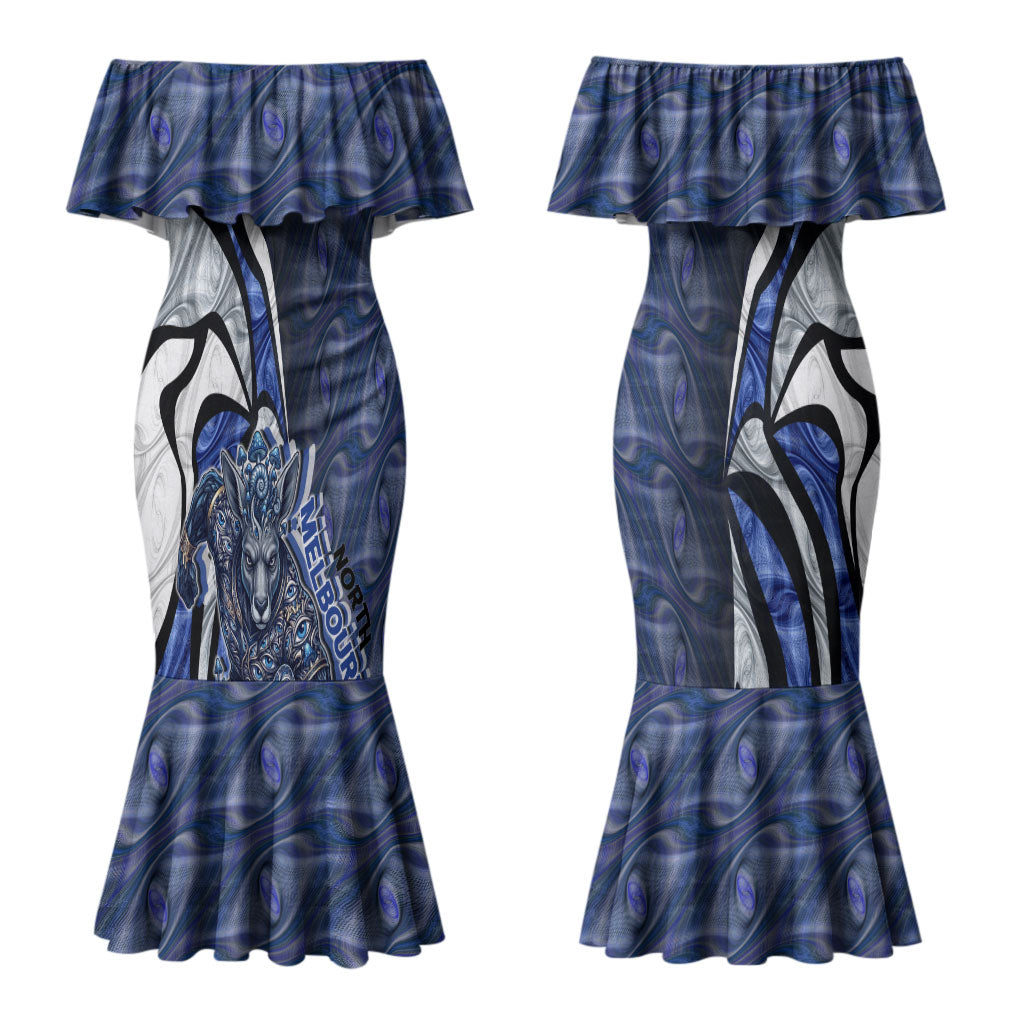 Personalised North Melbourne Kangaroos Couples Matching Mermaid Dress and Hawaiian Shirt Trippy Psychedelic Abstract Art Mascot Football Fans