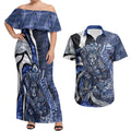 Personalised North Melbourne Kangaroos Couples Matching Off Shoulder Maxi Dress and Hawaiian Shirt Trippy Psychedelic Abstract Art Mascot Football Fans