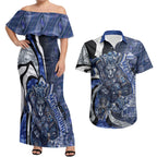 Personalised North Melbourne Kangaroos Couples Matching Off Shoulder Maxi Dress and Hawaiian Shirt Trippy Psychedelic Abstract Art Mascot Football Fans