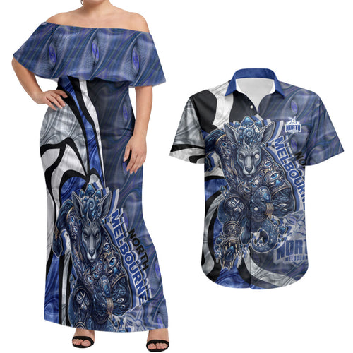 Personalised North Melbourne Kangaroos Couples Matching Off Shoulder Maxi Dress and Hawaiian Shirt Trippy Psychedelic Abstract Art Mascot Football Fans