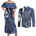 Personalised North Melbourne Kangaroos Couples Matching Off Shoulder Maxi Dress and Long Sleeve Button Shirt Trippy Psychedelic Abstract Art Mascot Football Fans