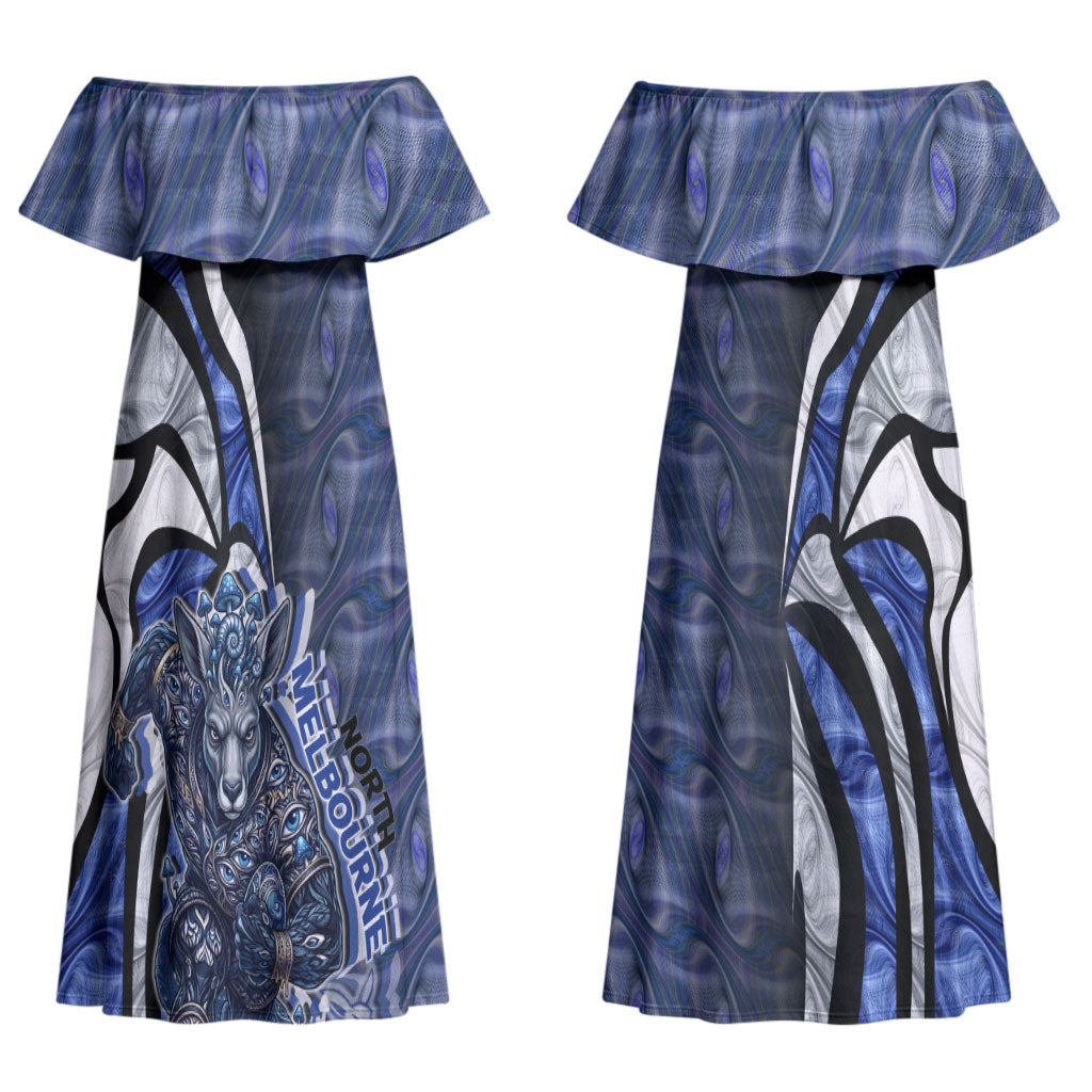 Personalised North Melbourne Kangaroos Couples Matching Off Shoulder Maxi Dress and Long Sleeve Button Shirt Trippy Psychedelic Abstract Art Mascot Football Fans