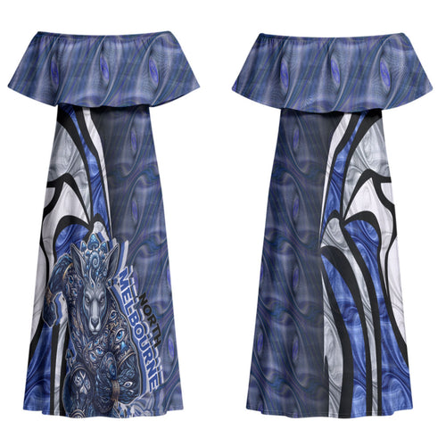 Personalised North Melbourne Kangaroos Couples Matching Off Shoulder Maxi Dress and Long Sleeve Button Shirt Trippy Psychedelic Abstract Art Mascot Football Fans