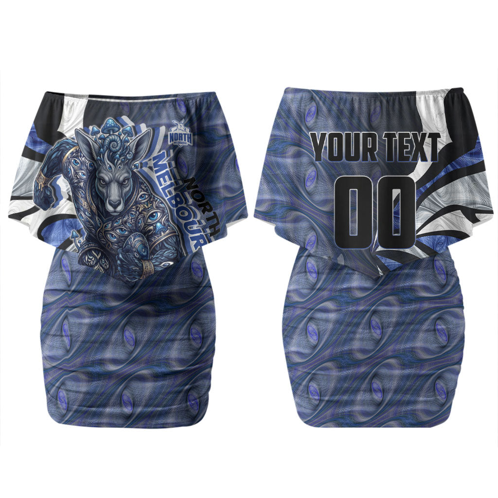 Personalised North Melbourne Kangaroos Couples Matching Off Shoulder Short Dress and Hawaiian Shirt Trippy Psychedelic Abstract Art Mascot Football Fans