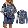 Personalised North Melbourne Kangaroos Couples Matching Off Shoulder Short Dress and Long Sleeve Button Shirt Trippy Psychedelic Abstract Art Mascot Football Fans