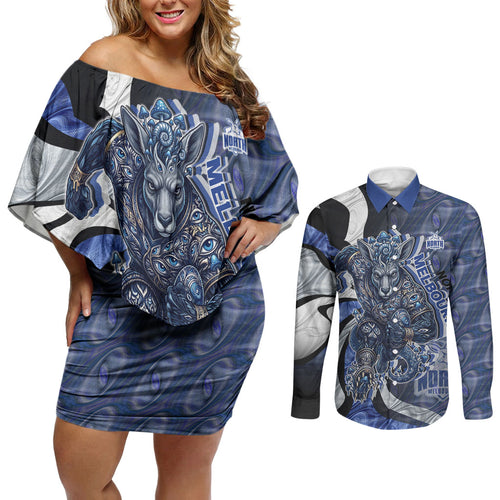 Personalised North Melbourne Kangaroos Couples Matching Off Shoulder Short Dress and Long Sleeve Button Shirt Trippy Psychedelic Abstract Art Mascot Football Fans