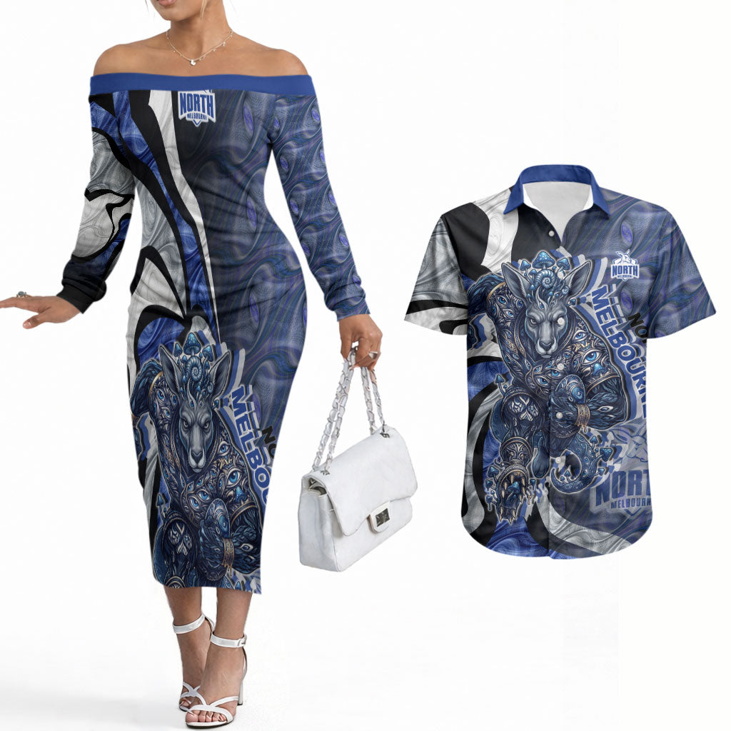 Personalised North Melbourne Kangaroos Couples Matching Off The Shoulder Long Sleeve Dress and Hawaiian Shirt Trippy Psychedelic Abstract Art Mascot Football Fans
