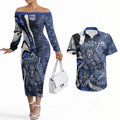 Personalised North Melbourne Kangaroos Couples Matching Off The Shoulder Long Sleeve Dress and Hawaiian Shirt Trippy Psychedelic Abstract Art Mascot Football Fans
