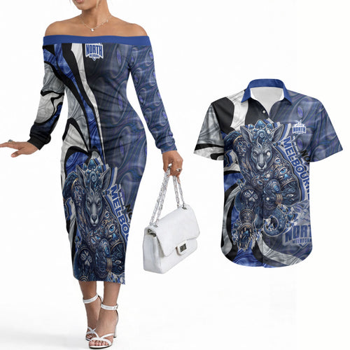 Personalised North Melbourne Kangaroos Couples Matching Off The Shoulder Long Sleeve Dress and Hawaiian Shirt Trippy Psychedelic Abstract Art Mascot Football Fans