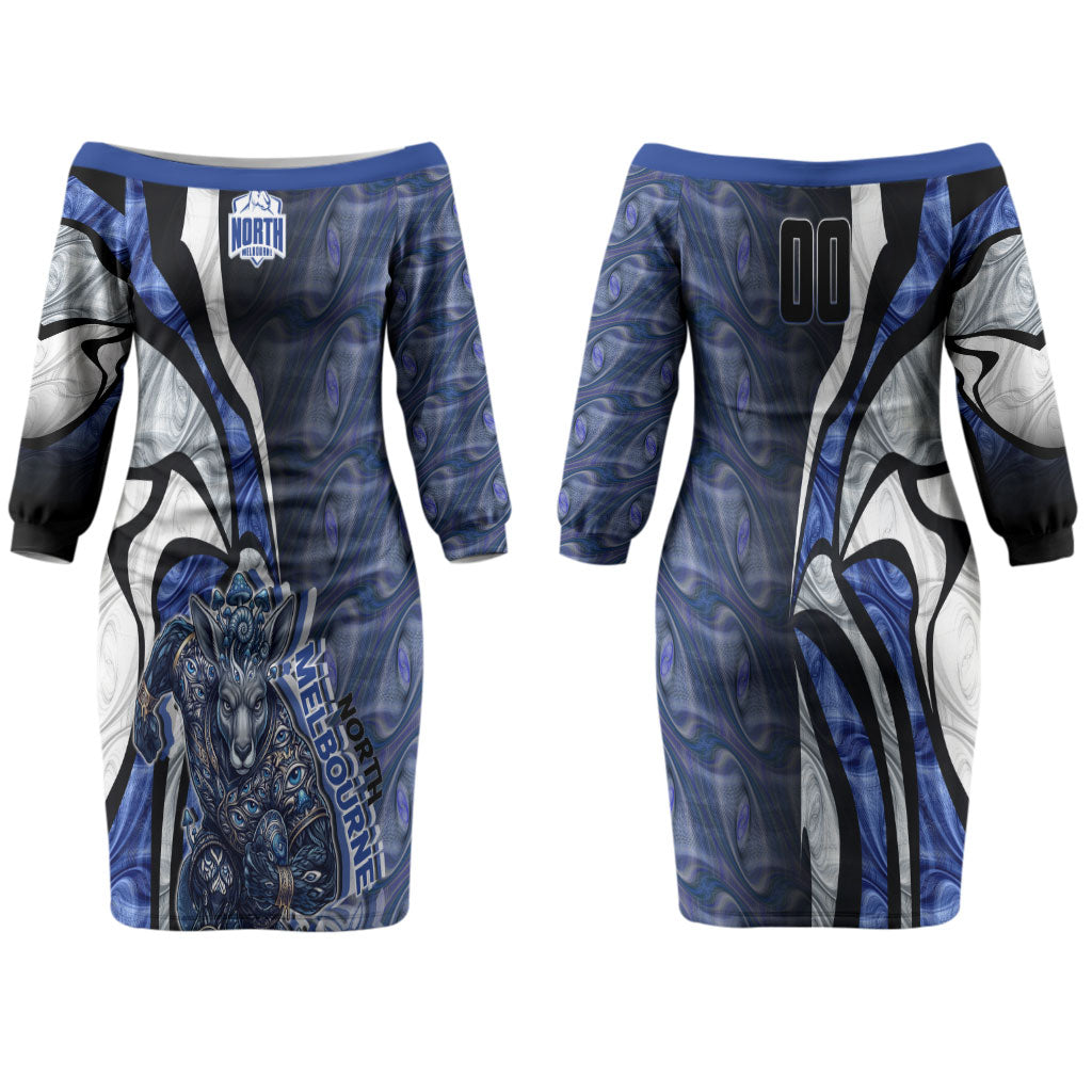 Personalised North Melbourne Kangaroos Couples Matching Off The Shoulder Long Sleeve Dress and Hawaiian Shirt Trippy Psychedelic Abstract Art Mascot Football Fans