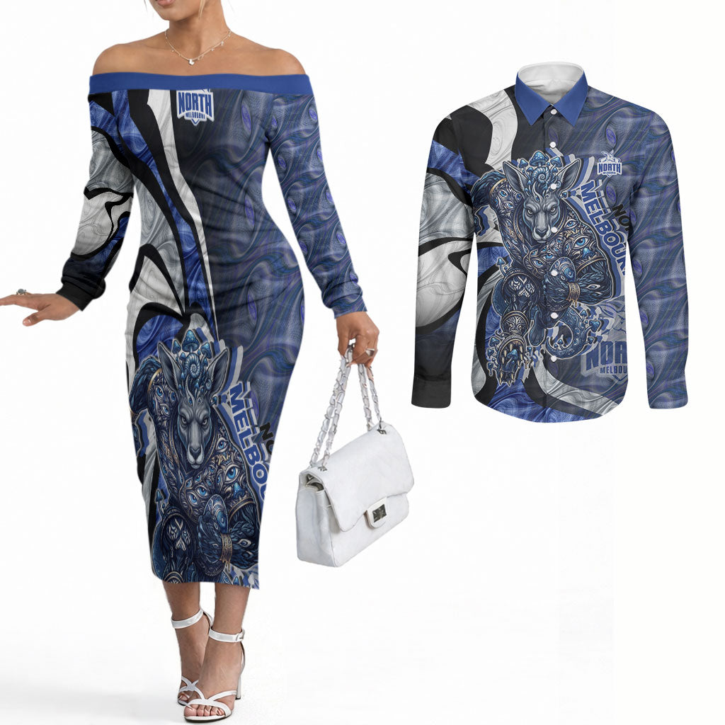 Personalised North Melbourne Kangaroos Couples Matching Off The Shoulder Long Sleeve Dress and Long Sleeve Button Shirt Trippy Psychedelic Abstract Art Mascot Football Fans