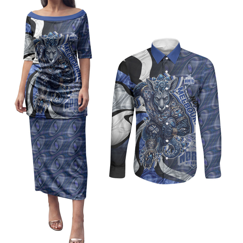 Personalised North Melbourne Kangaroos Couples Matching Puletasi and Long Sleeve Button Shirt Trippy Psychedelic Abstract Art Mascot Football Fans