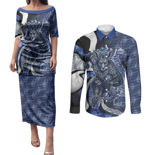 Personalised North Melbourne Kangaroos Couples Matching Puletasi and Long Sleeve Button Shirt Trippy Psychedelic Abstract Art Mascot Football Fans