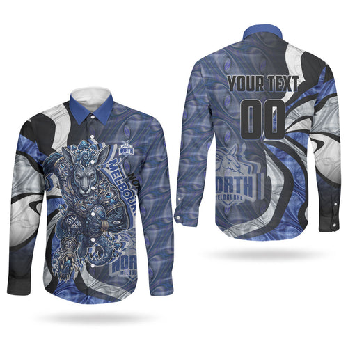 Personalised North Melbourne Kangaroos Couples Matching Puletasi and Long Sleeve Button Shirt Trippy Psychedelic Abstract Art Mascot Football Fans