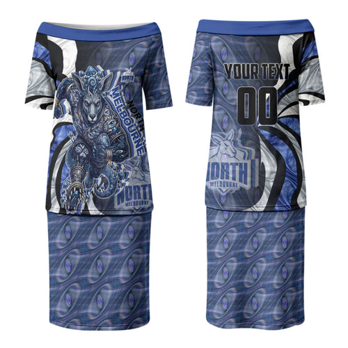 Personalised North Melbourne Kangaroos Couples Matching Puletasi and Long Sleeve Button Shirt Trippy Psychedelic Abstract Art Mascot Football Fans