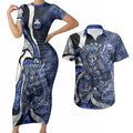 Personalised North Melbourne Kangaroos Couples Matching Short Sleeve Bodycon Dress and Hawaiian Shirt Trippy Psychedelic Abstract Art Mascot Football Fans