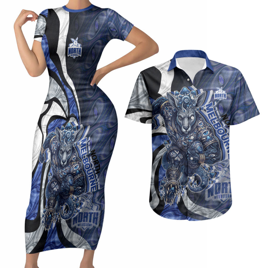 Personalised North Melbourne Kangaroos Couples Matching Short Sleeve Bodycon Dress and Hawaiian Shirt Trippy Psychedelic Abstract Art Mascot Football Fans