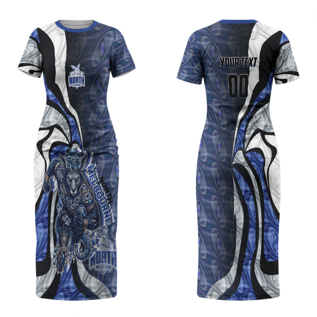 Personalised North Melbourne Kangaroos Couples Matching Short Sleeve Bodycon Dress and Long Sleeve Button Shirt Trippy Psychedelic Abstract Art Mascot Football Fans
