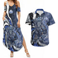 Personalised North Melbourne Kangaroos Couples Matching Summer Maxi Dress and Hawaiian Shirt Trippy Psychedelic Abstract Art Mascot Football Fans