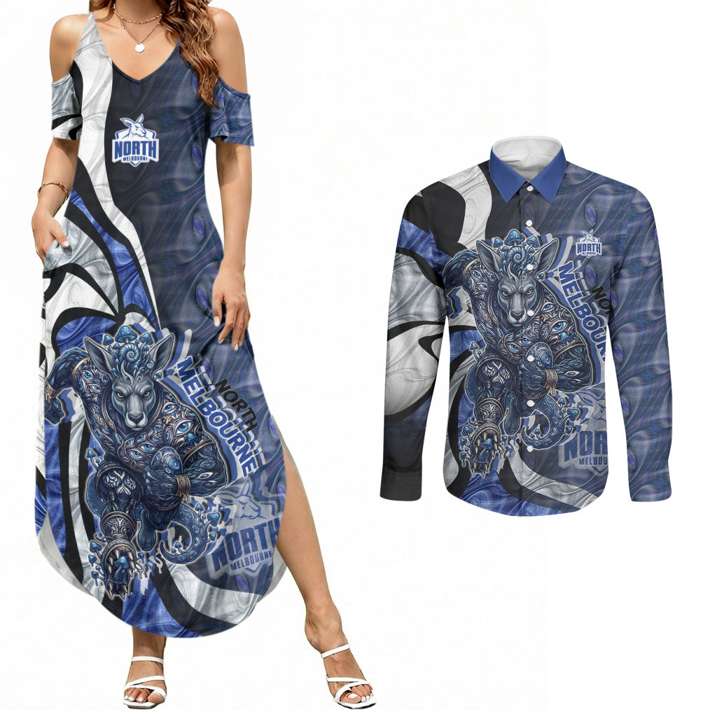 Personalised North Melbourne Kangaroos Couples Matching Summer Maxi Dress and Long Sleeve Button Shirt Trippy Psychedelic Abstract Art Mascot Football Fans