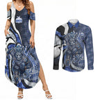 Personalised North Melbourne Kangaroos Couples Matching Summer Maxi Dress and Long Sleeve Button Shirt Trippy Psychedelic Abstract Art Mascot Football Fans