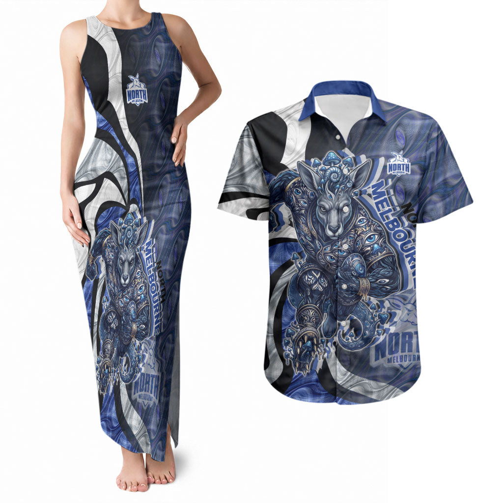 Personalised North Melbourne Kangaroos Couples Matching Tank Maxi Dress and Hawaiian Shirt Trippy Psychedelic Abstract Art Mascot Football Fans