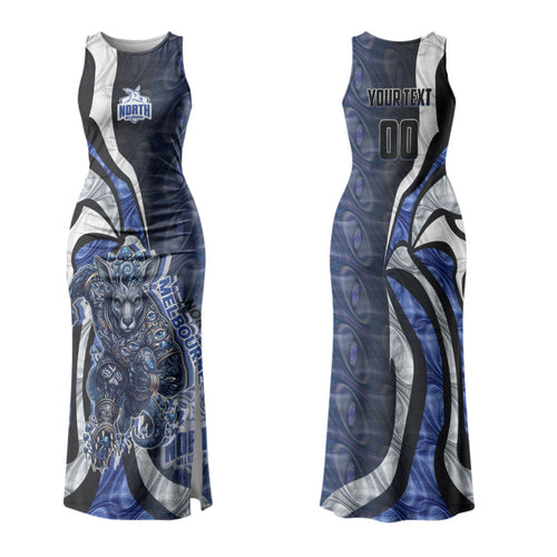 Personalised North Melbourne Kangaroos Couples Matching Tank Maxi Dress and Hawaiian Shirt Trippy Psychedelic Abstract Art Mascot Football Fans