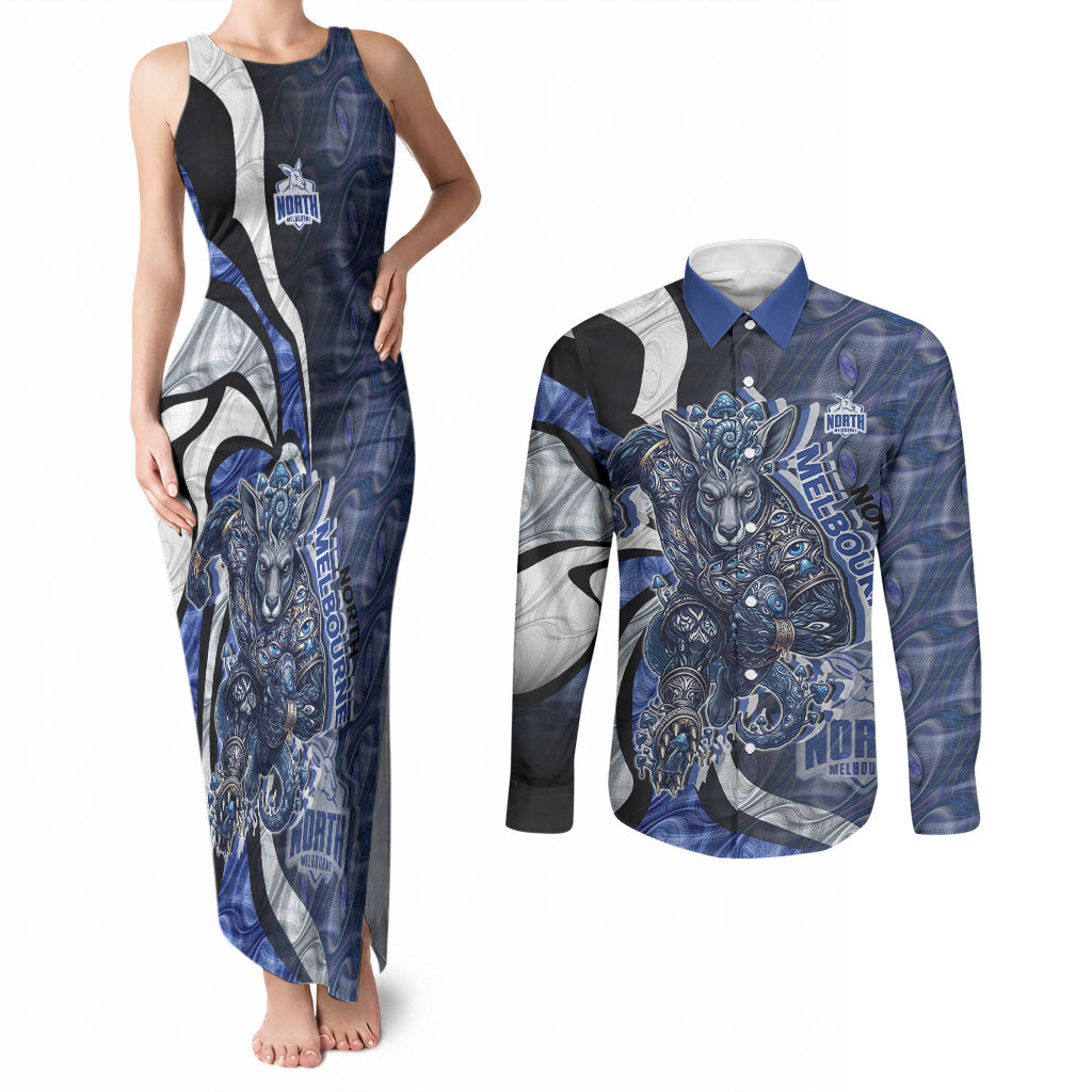 Personalised North Melbourne Kangaroos Couples Matching Tank Maxi Dress and Long Sleeve Button Shirt Trippy Psychedelic Abstract Art Mascot Football Fans