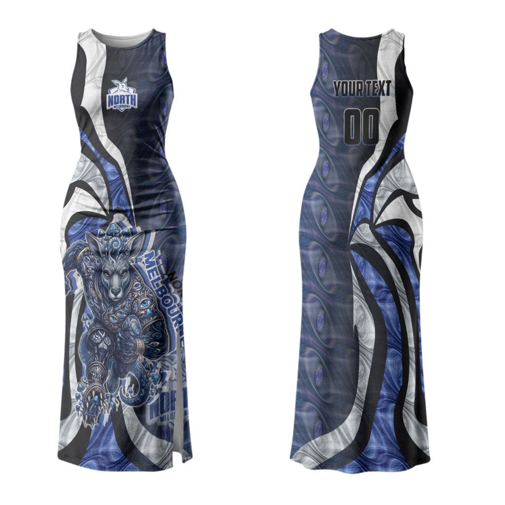Personalised North Melbourne Kangaroos Couples Matching Tank Maxi Dress and Long Sleeve Button Shirt Trippy Psychedelic Abstract Art Mascot Football Fans