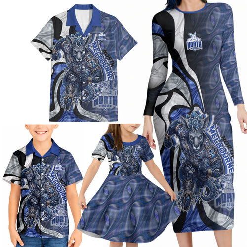 Personalised North Melbourne Kangaroos Family Matching Long Sleeve Bodycon Dress and Hawaiian Shirt Trippy Psychedelic Abstract Art Mascot Football Fans