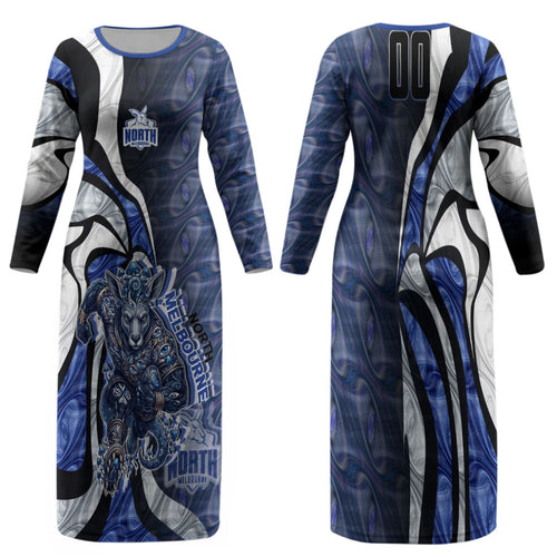 Personalised North Melbourne Kangaroos Family Matching Long Sleeve Bodycon Dress and Hawaiian Shirt Trippy Psychedelic Abstract Art Mascot Football Fans