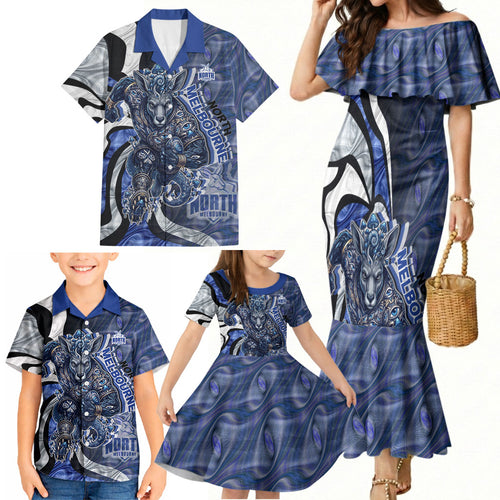Personalised North Melbourne Kangaroos Family Matching Mermaid Dress and Hawaiian Shirt Trippy Psychedelic Abstract Art Mascot Football Fans