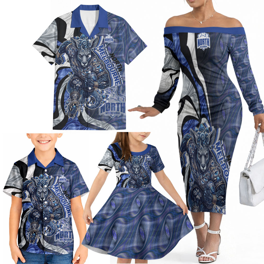 Personalised North Melbourne Kangaroos Family Matching Off The Shoulder Long Sleeve Dress and Hawaiian Shirt Trippy Psychedelic Abstract Art Mascot Football Fans