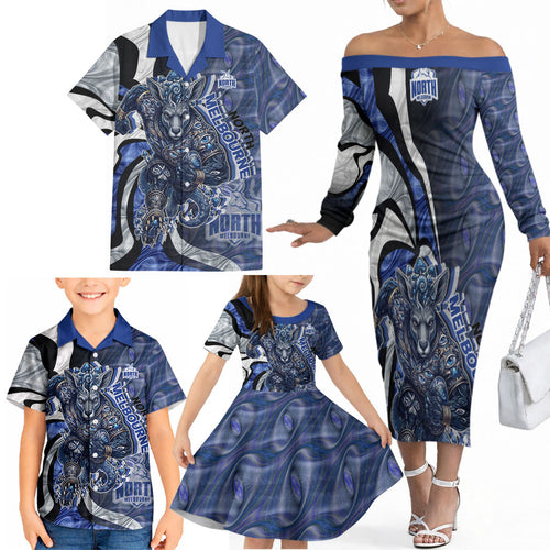 Personalised North Melbourne Kangaroos Family Matching Off The Shoulder Long Sleeve Dress and Hawaiian Shirt Trippy Psychedelic Abstract Art Mascot Football Fans