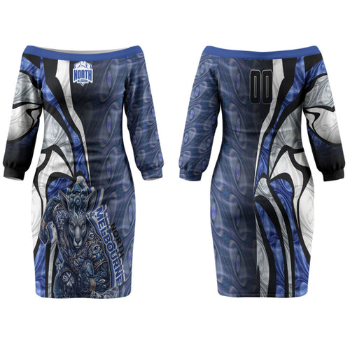 Personalised North Melbourne Kangaroos Family Matching Off The Shoulder Long Sleeve Dress and Hawaiian Shirt Trippy Psychedelic Abstract Art Mascot Football Fans