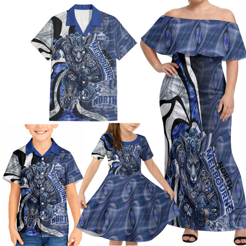 Personalised North Melbourne Kangaroos Family Matching Off Shoulder Maxi Dress and Hawaiian Shirt Trippy Psychedelic Abstract Art Mascot Football Fans