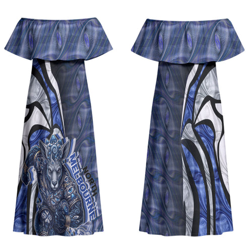 Personalised North Melbourne Kangaroos Family Matching Off Shoulder Maxi Dress and Hawaiian Shirt Trippy Psychedelic Abstract Art Mascot Football Fans