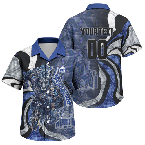 Personalised North Melbourne Kangaroos Family Matching Off Shoulder Maxi Dress and Hawaiian Shirt Trippy Psychedelic Abstract Art Mascot Football Fans