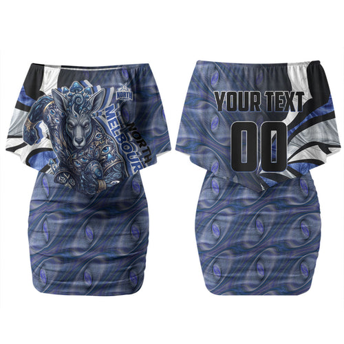 Personalised North Melbourne Kangaroos Family Matching Off Shoulder Short Dress and Hawaiian Shirt Trippy Psychedelic Abstract Art Mascot Football Fans