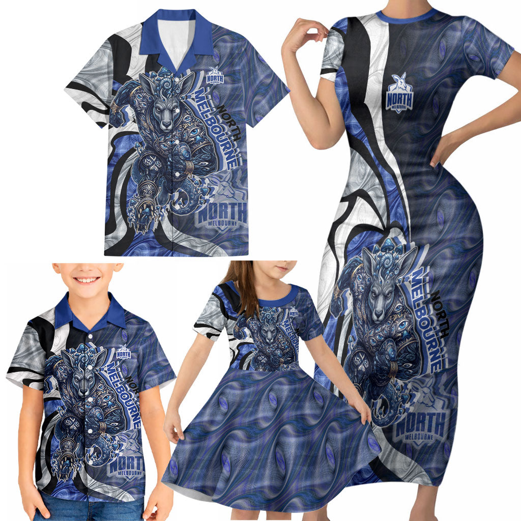 Personalised North Melbourne Kangaroos Family Matching Short Sleeve Bodycon Dress and Hawaiian Shirt Trippy Psychedelic Abstract Art Mascot Football Fans