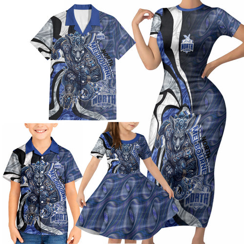 Personalised North Melbourne Kangaroos Family Matching Short Sleeve Bodycon Dress and Hawaiian Shirt Trippy Psychedelic Abstract Art Mascot Football Fans