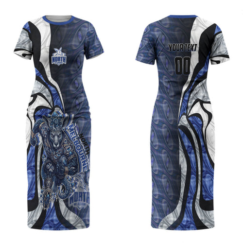 Personalised North Melbourne Kangaroos Family Matching Short Sleeve Bodycon Dress and Hawaiian Shirt Trippy Psychedelic Abstract Art Mascot Football Fans