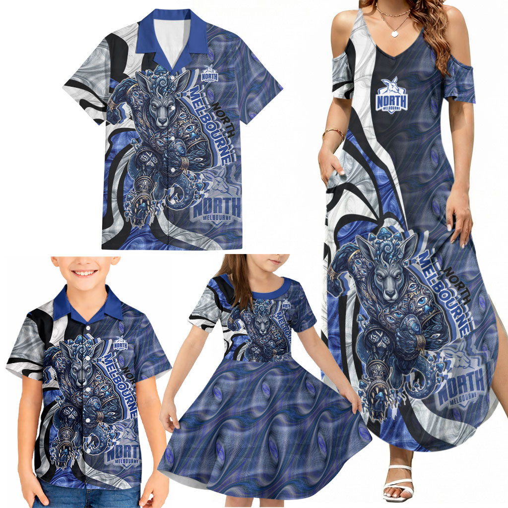 Personalised North Melbourne Kangaroos Family Matching Summer Maxi Dress and Hawaiian Shirt Trippy Psychedelic Abstract Art Mascot Football Fans