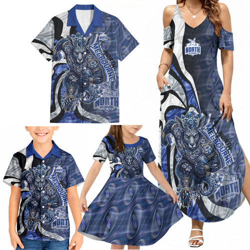 Personalised North Melbourne Kangaroos Family Matching Summer Maxi Dress and Hawaiian Shirt Trippy Psychedelic Abstract Art Mascot Football Fans