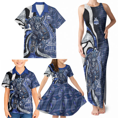Personalised North Melbourne Kangaroos Family Matching Tank Maxi Dress and Hawaiian Shirt Trippy Psychedelic Abstract Art Mascot Football Fans