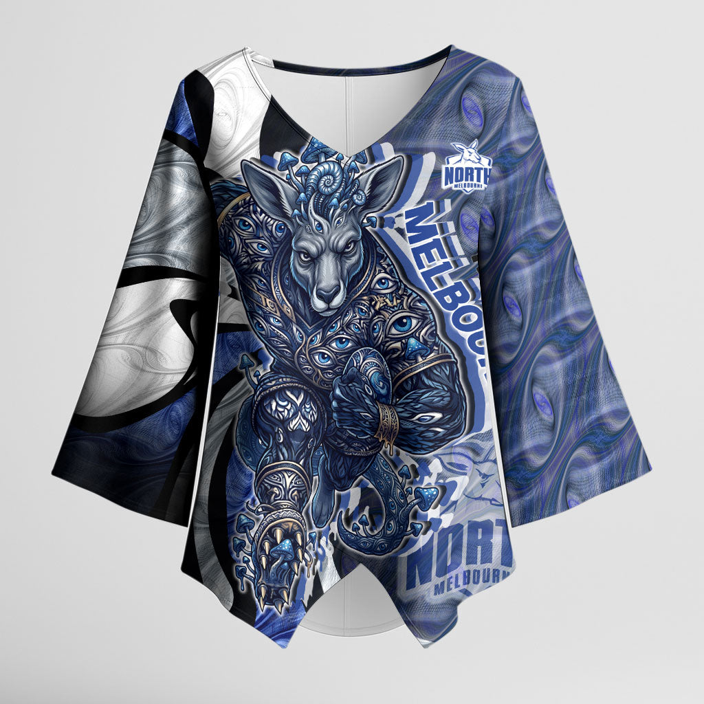 Personalised North Melbourne Kangaroos Kimono Sleeve Blouse Trippy Psychedelic Abstract Art Mascot Football Fans