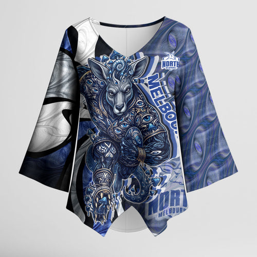 Personalised North Melbourne Kangaroos Kimono Sleeve Blouse Trippy Psychedelic Abstract Art Mascot Football Fans