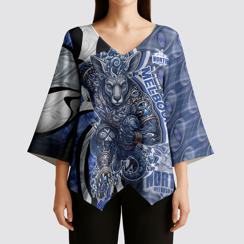Personalised North Melbourne Kangaroos Kimono Sleeve Blouse Trippy Psychedelic Abstract Art Mascot Football Fans